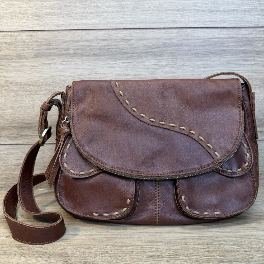 Lucky Brand Cognac Leather Fold Over Messenger Bag Whipstitch Boho Slouchy Y2K